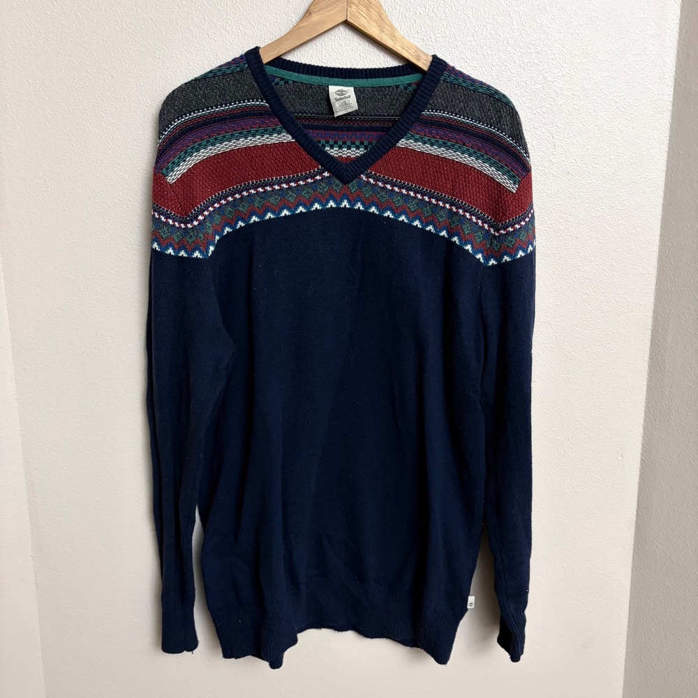 Timberland Sweater Large Mens Navy Blue Fair Isle V-Neck Wool Blend TB07914J